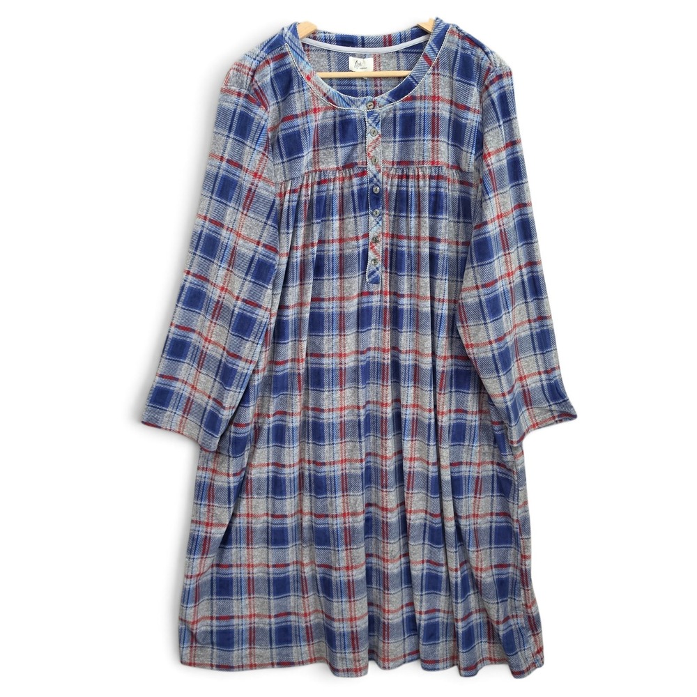Aria Collection Nightgown Womens 3X Blue Plaid Button Fleece Long Sleeve Robe
